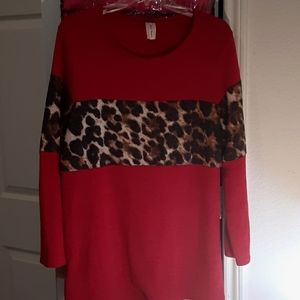 Now N Forever red sweater with leopard color block